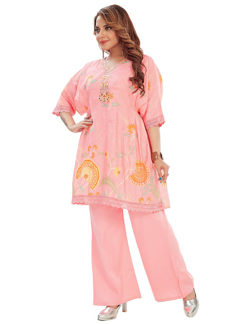 Amchoor Pink Cotton Floral Print Kurti Pant for Women's