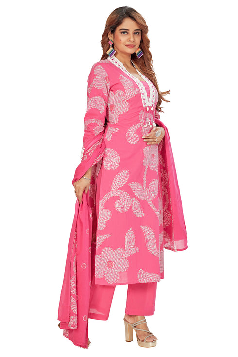 Amchoor Pink Cotton Bandhani Print Kurti Set for Women's