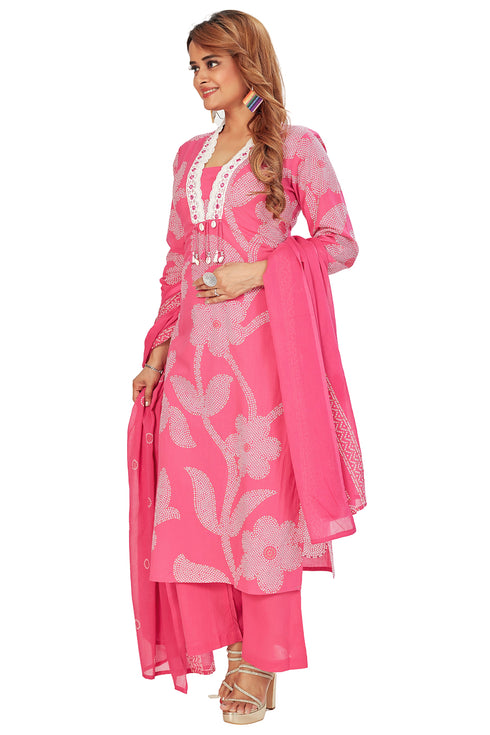 Amchoor Pink Cotton Bandhani Print Kurti Set for Women's