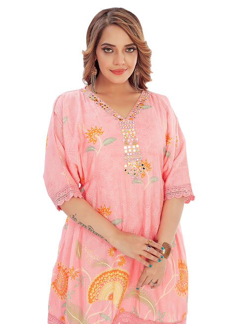 Amchoor Pink Cotton Floral Print Kurti Pant for Women's