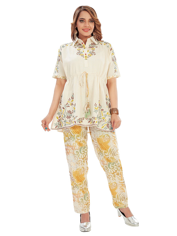 Amchoor Beige Cotton Floral Print Co-ord Set for Women's