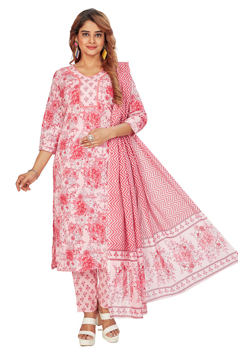 Amchoor Pink Cotton Floral Print Kurti Set for Women's