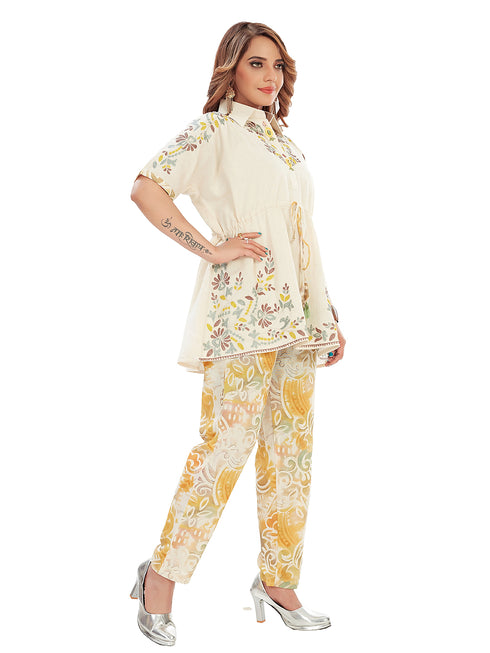Amchoor Beige Cotton Floral Print Co-ord Set for Women's