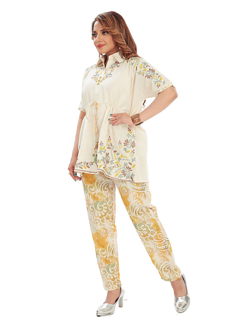 Amchoor Beige Cotton Floral Print Co-ord Set for Women's