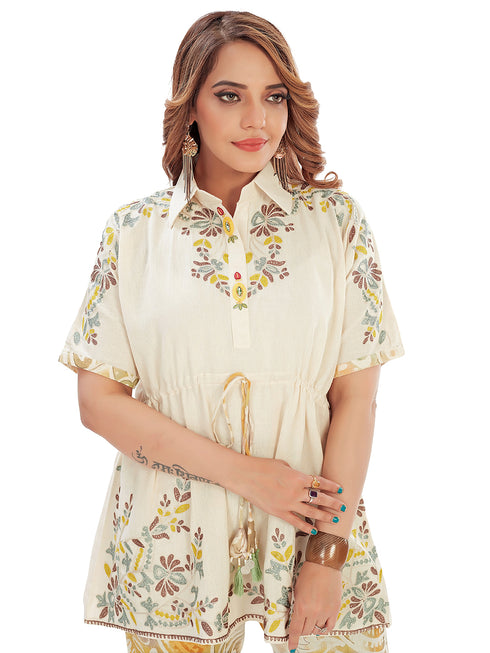 Amchoor Beige Cotton Floral Print Co-ord Set for Women's