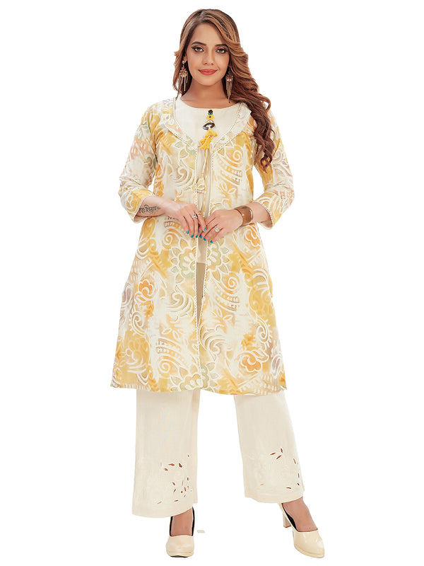 Amchoor Yellow Cotton Floral Print Indo Fusion Dress for Women's