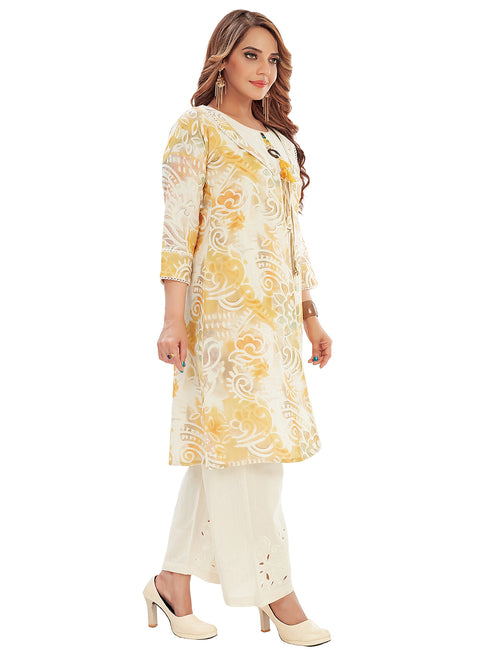 Amchoor Yellow Cotton Floral Print Indo Fusion Dress for Women's