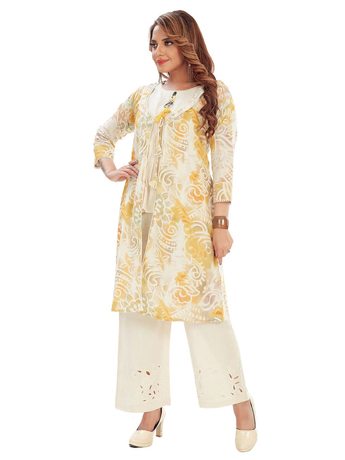 Amchoor Yellow Cotton Floral Print Indo Fusion Dress for Women's