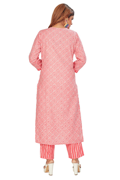Amchoor Pink Cotton Batik Pattern Kurti Set for Women's