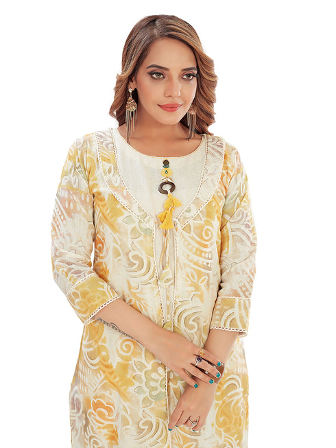 Amchoor Yellow Cotton Floral Print Indo Fusion Dress for Women's