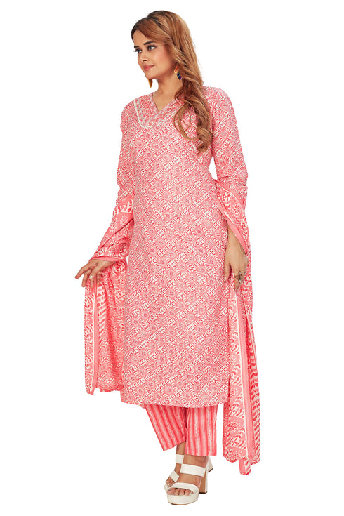 Amchoor Pink Cotton Batik Pattern Kurti Set for Women's