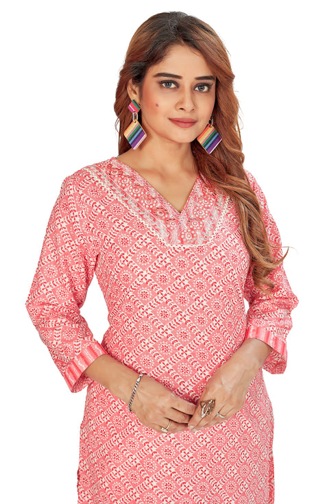 Amchoor Pink Cotton Batik Pattern Kurti Set for Women's