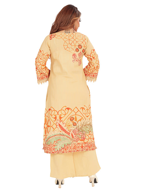 Amchoor Beige Cotton Floral Print Kurti Set for Women's