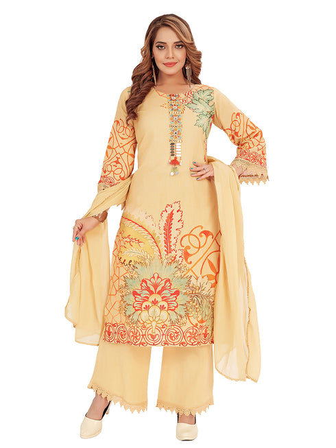 Amchoor Beige Cotton Floral Print Kurti Set for Women's