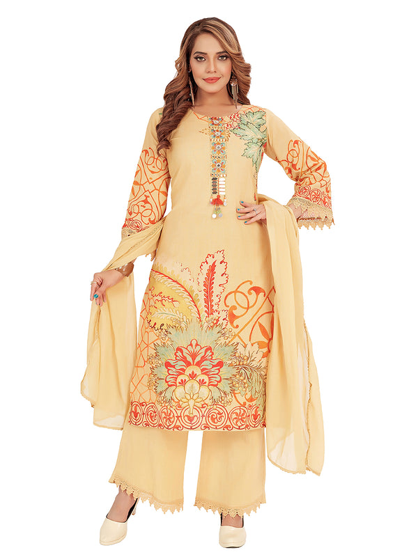 Amchoor Beige Cotton Floral Print Kurti Set for Women's