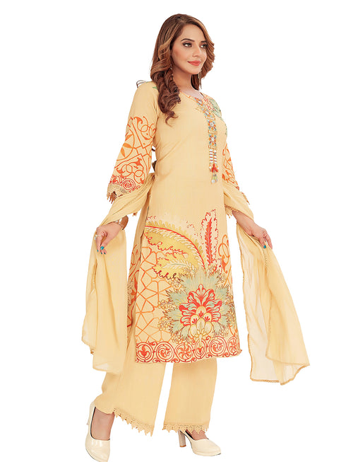 Amchoor Beige Cotton Floral Print Kurti Set for Women's