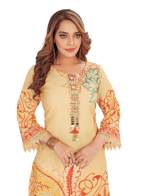 Amchoor Beige Cotton Floral Print Kurti Set for Women's