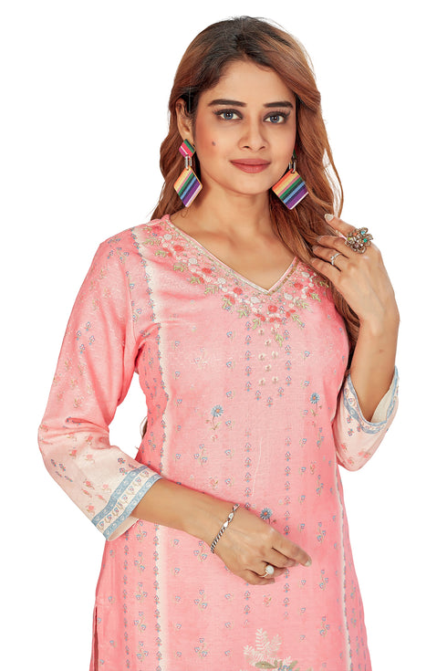 Amchoor Peach Gucci Silk Floral Print Kurti Set for Women's