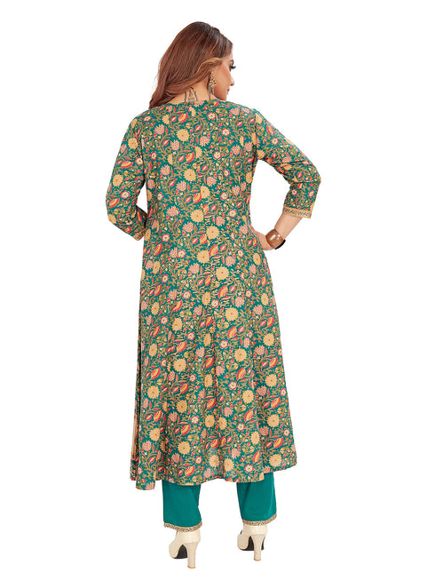 Amchoor Green Cotton Floral Print Kurti Set for Women's