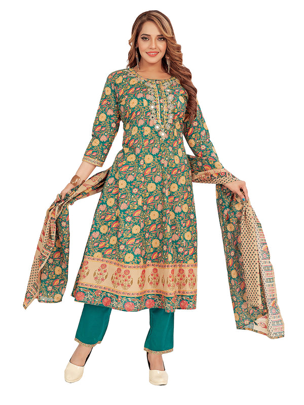 Amchoor Green Cotton Floral Print Kurti Set for Women's