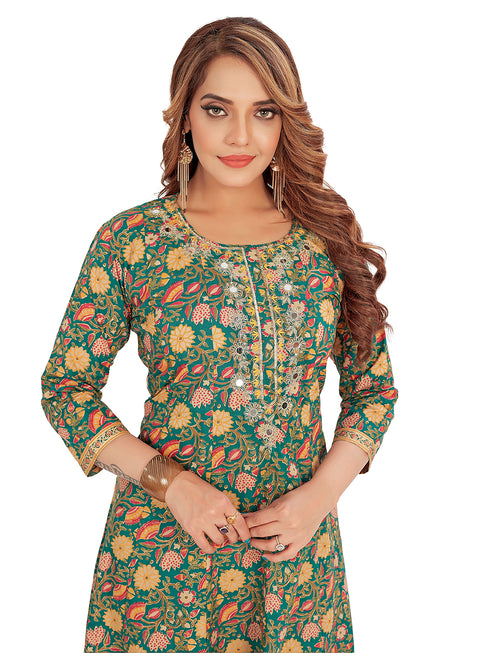 Amchoor Green Cotton Floral Print Kurti Set for Women's