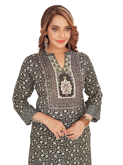 Amchoor Black Viscose Silk Floral Print Kurti Set for Women's