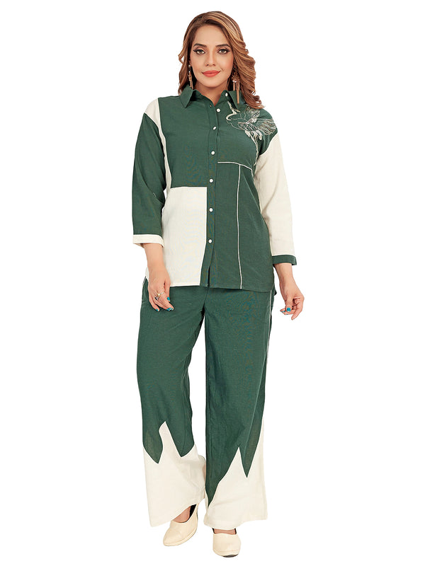 Amchoor Green Cotton Embroidered Co-ord Set for Women's