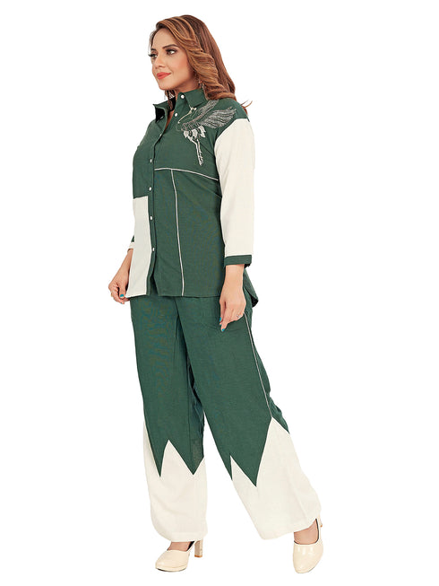 Amchoor Green Cotton Embroidered Co-ord Set for Women's