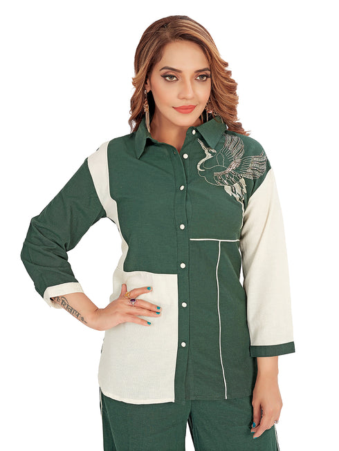 Amchoor Green Cotton Embroidered Co-ord Set for Women's