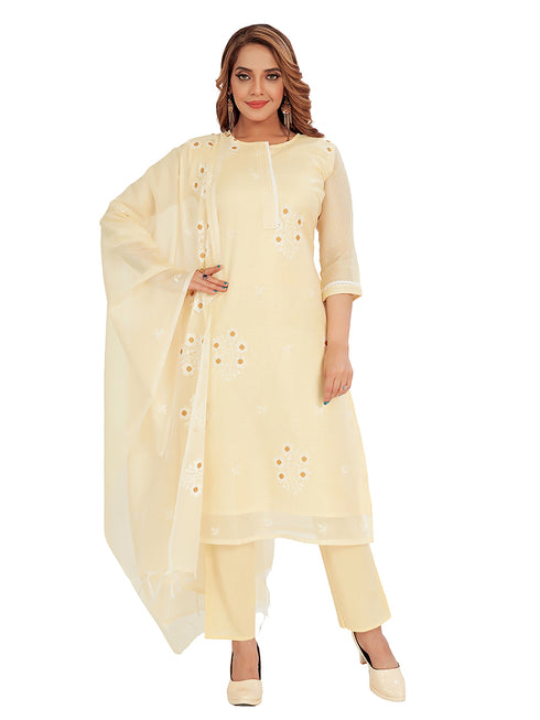 Amchoor Yellow Kota Embroidered Print Kurti Set for Women's