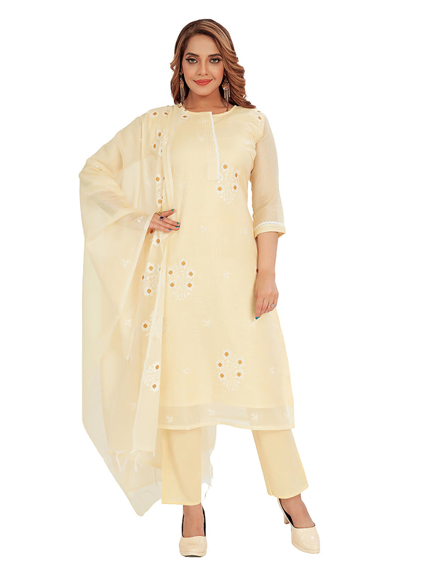 Amchoor Yellow Kota Embroidered Print Kurti Set for Women's
