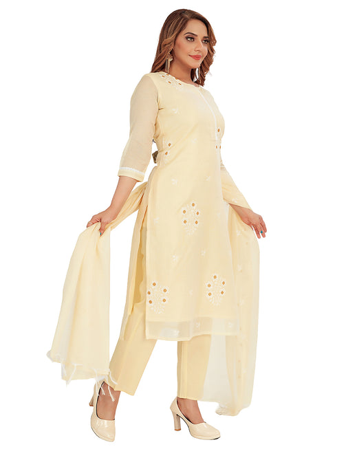 Amchoor Yellow Kota Embroidered Print Kurti Set for Women's