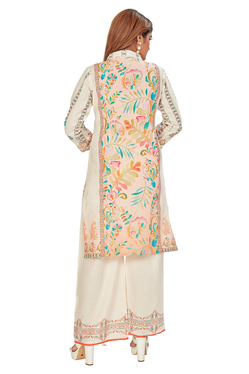 Amchoor Cream Linen Floral Print Kurti Pant for Women's