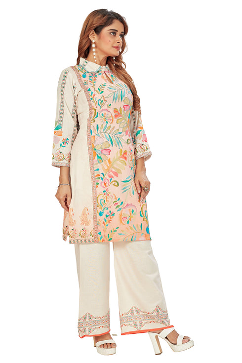 Amchoor Cream Linen Floral Print Kurti Pant for Women's