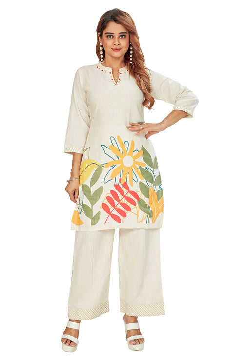 Amchoor Off White Cotton Floral Print Co-ord Set for Women's