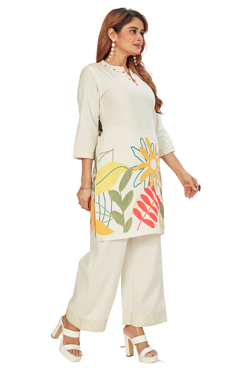 Amchoor Off White Cotton Floral Print Co-ord Set for Women's