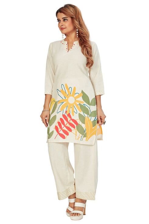Amchoor Off White Cotton Floral Print Co-ord Set for Women's