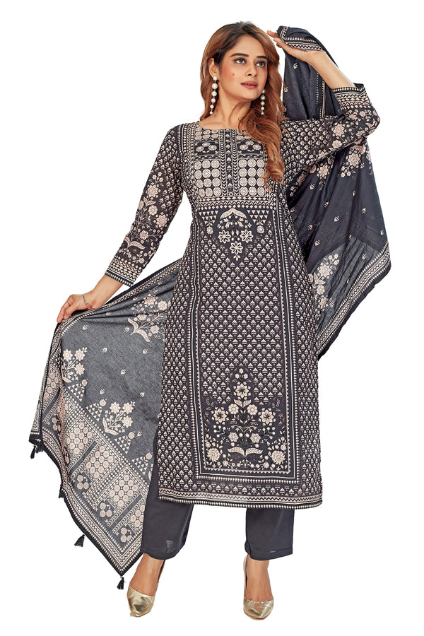 Amchoor Black Cotton Floral Print Kurti Set for Women's