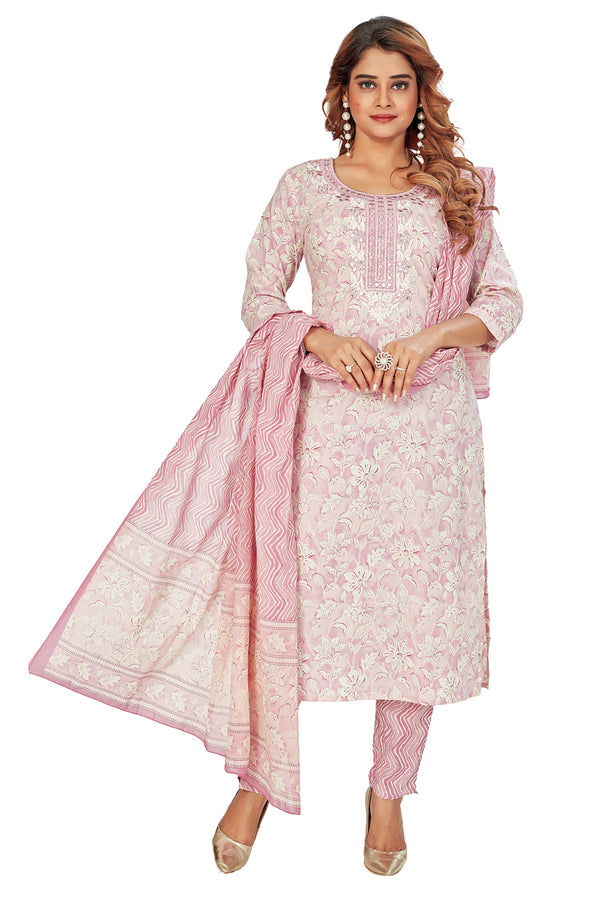 Amchoor Pink Cotton Floral Print Kurti Set for Women's