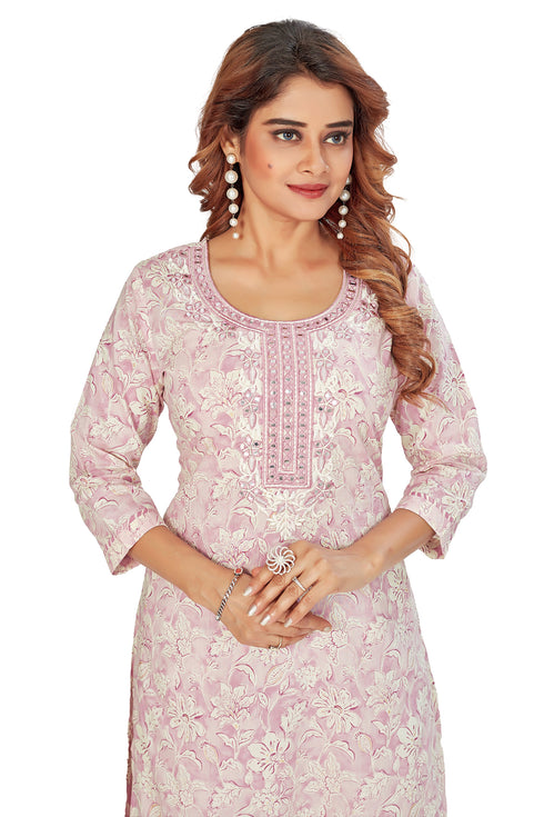 Amchoor Pink Cotton Floral Print Kurti Set for Women's
