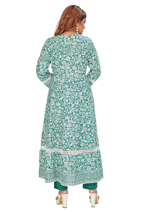 Amchoor Green Cotton Floral Print Kurti Set for Women's