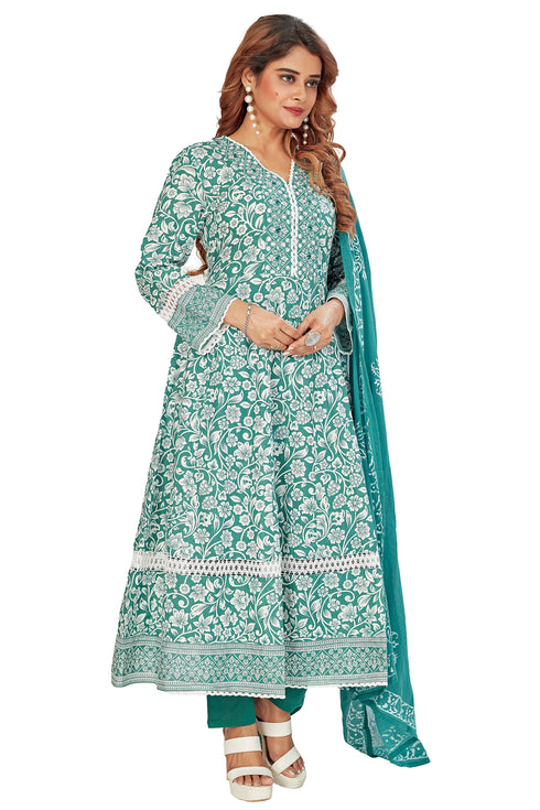 Amchoor Green Cotton Floral Print Kurti Set for Women's