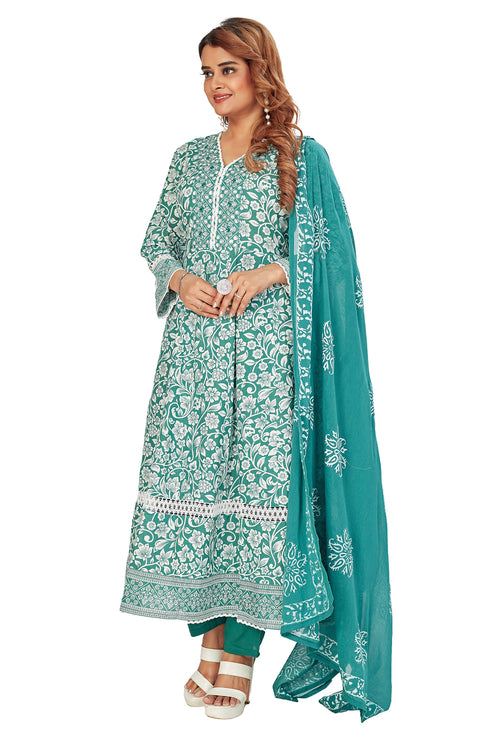 Amchoor Green Cotton Floral Print Kurti Set for Women's