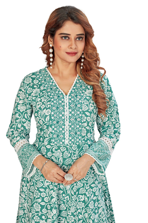 Amchoor Green Cotton Floral Print Kurti Set for Women's
