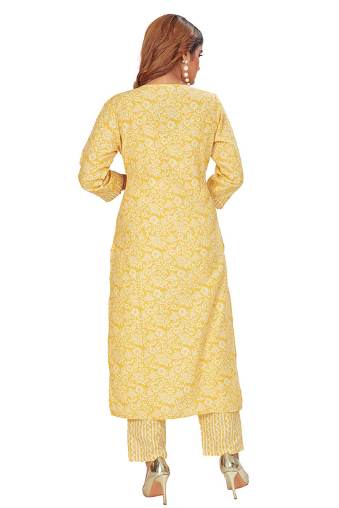 Amchoor Yellow Cotton Floral Print Kurti Set for Women's