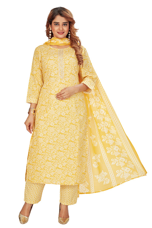 Amchoor Yellow Cotton Floral Print Kurti Set for Women's