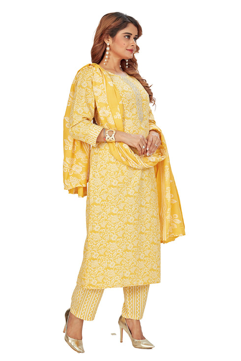 Amchoor Yellow Cotton Floral Print Kurti Set for Women's