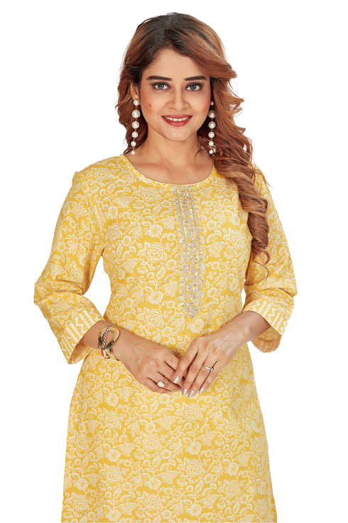 Amchoor Yellow Cotton Floral Print Kurti Set for Women's