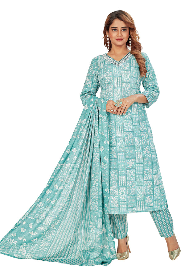 Amchoor Teal Cotton Ethnic Motifs Kurti Set for Women's