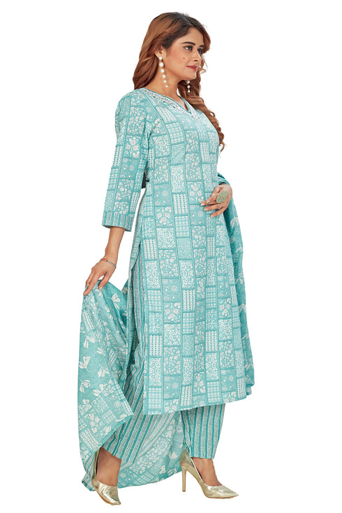 Amchoor Teal Cotton Ethnic Motifs Kurti Set for Women's